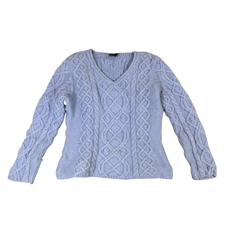 Paul James England 100% Wool Cable Knit V-Neck Sweater Periwinkle Blue Medium